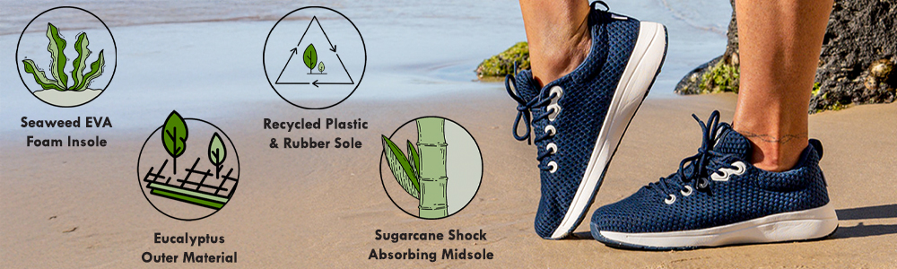 Green Steps ONE trainers, with circle symbols showing off the materials of the shoe.